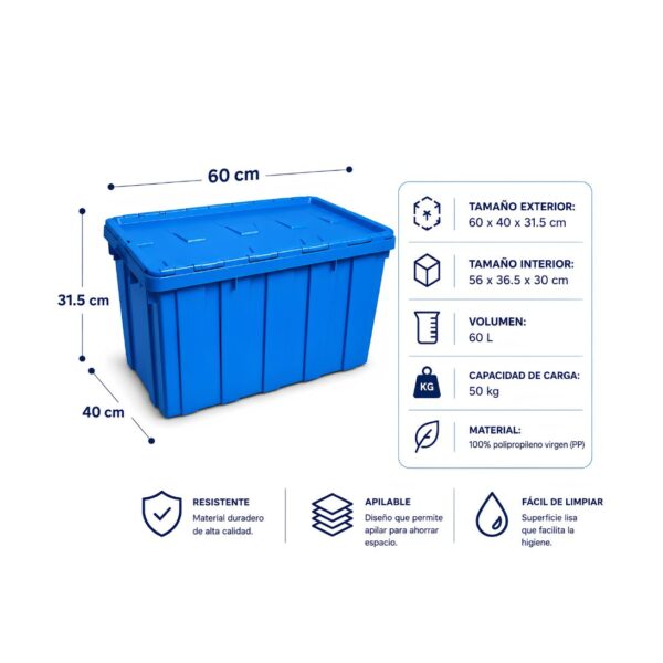 Contenedor 60Lt con Tapa y Bisagra Azul_60x40x31.5cm-Respira Medical