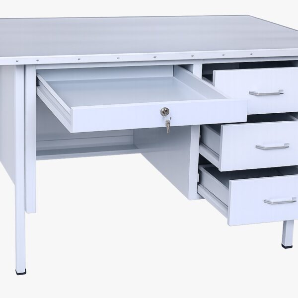 ESCRITORIO BLANCO - ESTRUCTURA METÁLICA - BASE CON BORDE DE ACERO INOX
