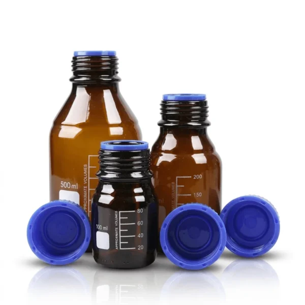 BOTELLA GRADUADA DE VIDRIO AMBAR CON TAPA AZUL PARA REACTIVOS BOROSILICATO 3.3 DE 1000ml CAJA X 100Uni - GIARDINO